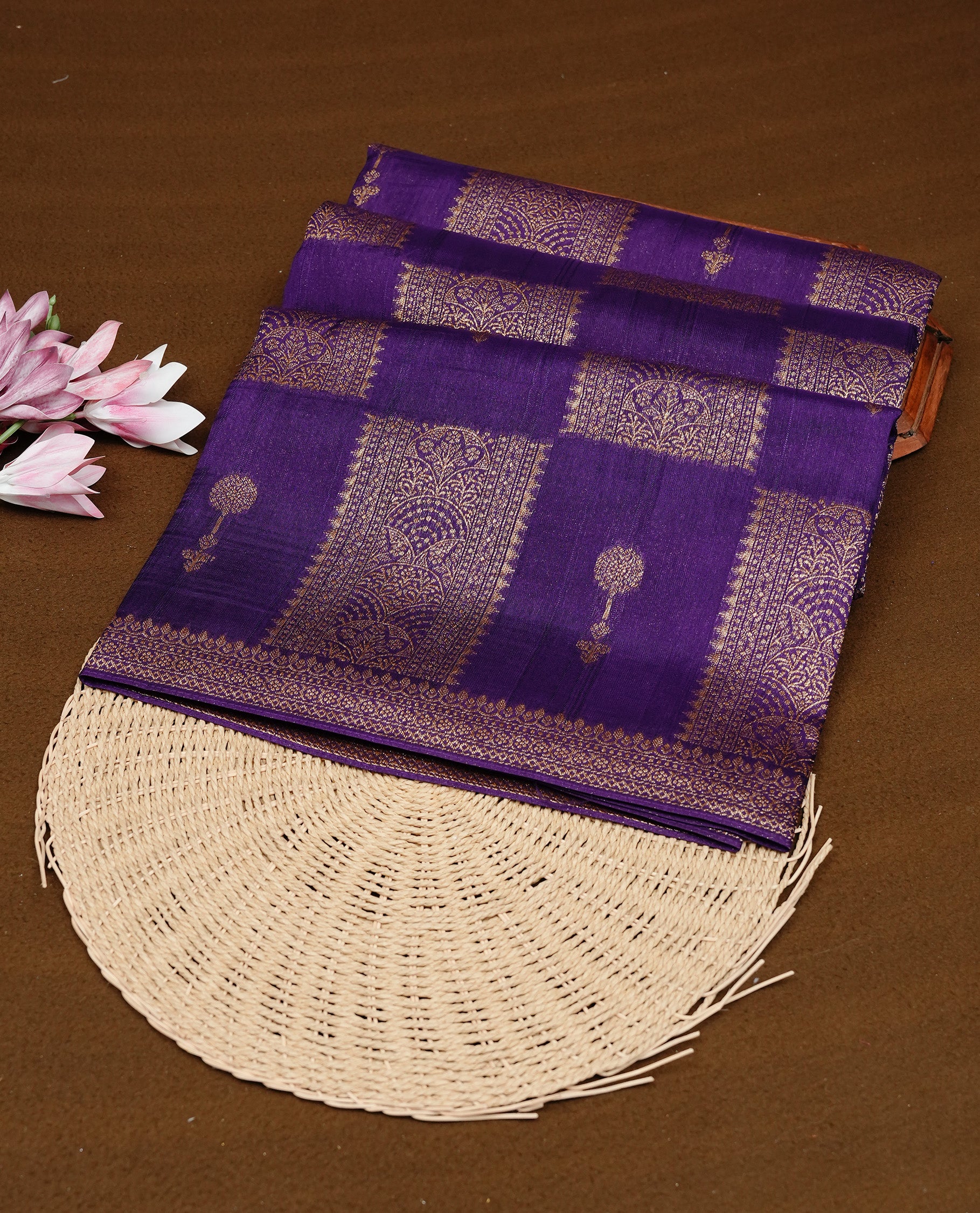 Violet colour Tussar Banaras Georgette silk saree featuring Antique zari Box Pattern on body, complemented by self colour border with zari border, paired with matching blouse piece.