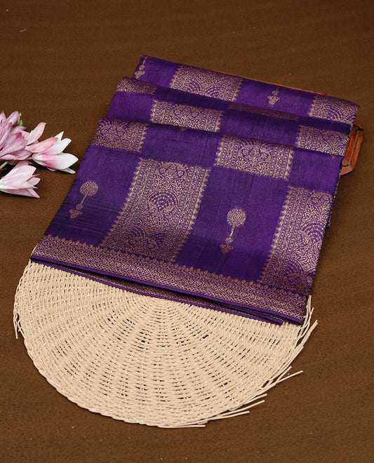 Violet colour Tussar Banaras Georgette silk saree featuring Antique zari Box Pattern on body, complemented by self colour border with zari border, paired with matching blouse piece.