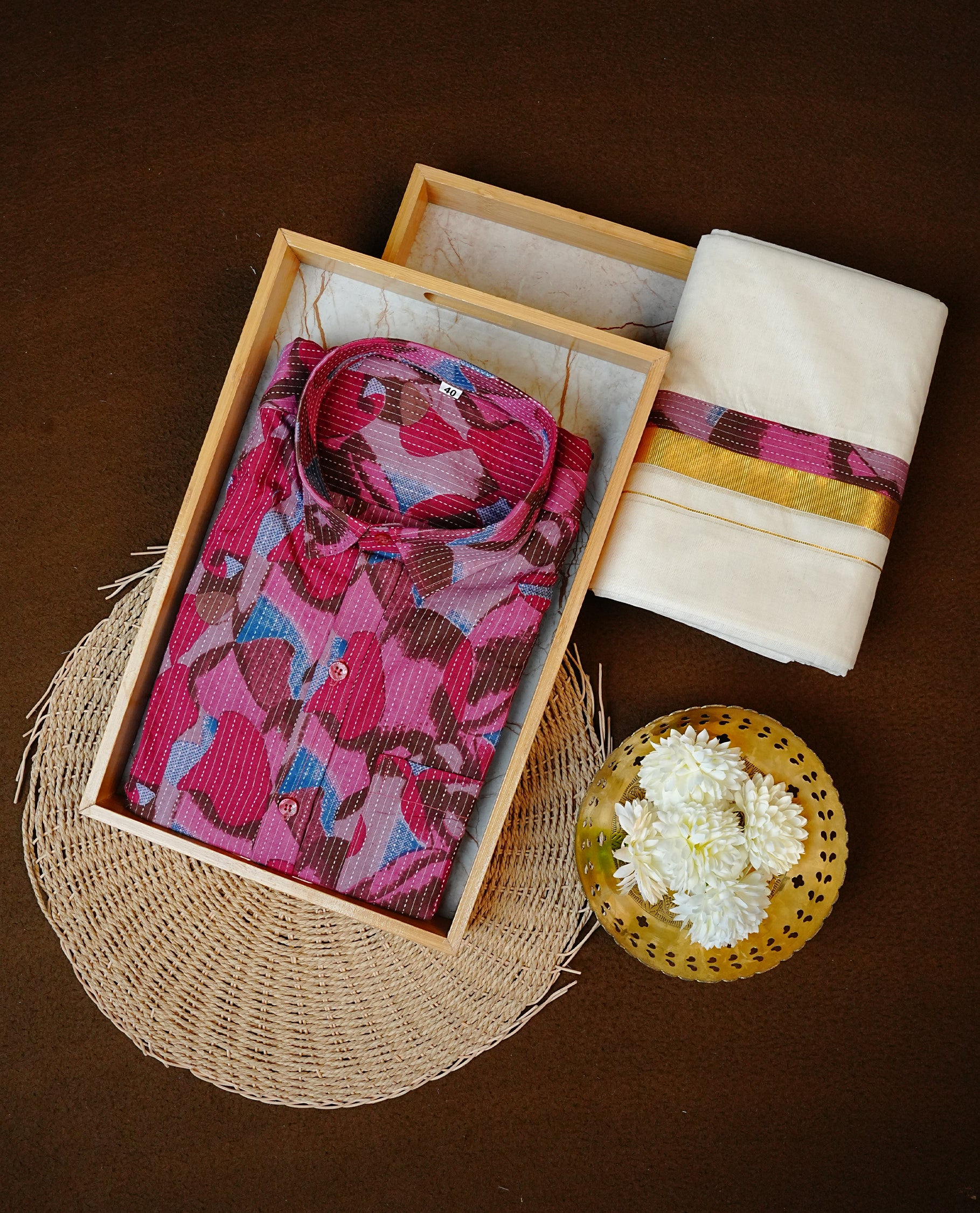 Purple Colour Wave Printed Full Sleeve shirt With Cotton Double Dhoti having Matching Prints