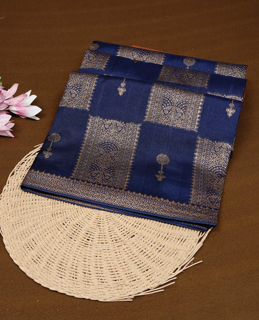 Navy Blue colour Tussar Banaras Georgette silk saree featuring Antique zari Box Pattern on body, complemented by self colour border with zari border, paired with matching blouse piece.