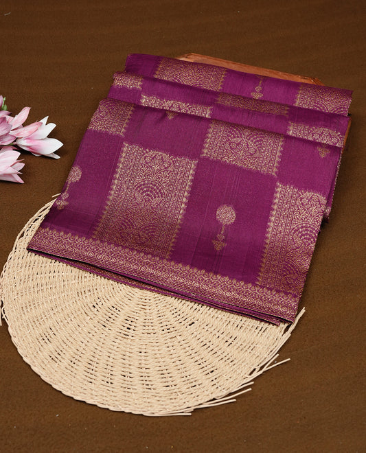 Purple colour Tussar Banaras Georgette silk saree featuring Antique zari Box Pattern on body, complemented by self colour border with zari border, paired with matching blouse piece.