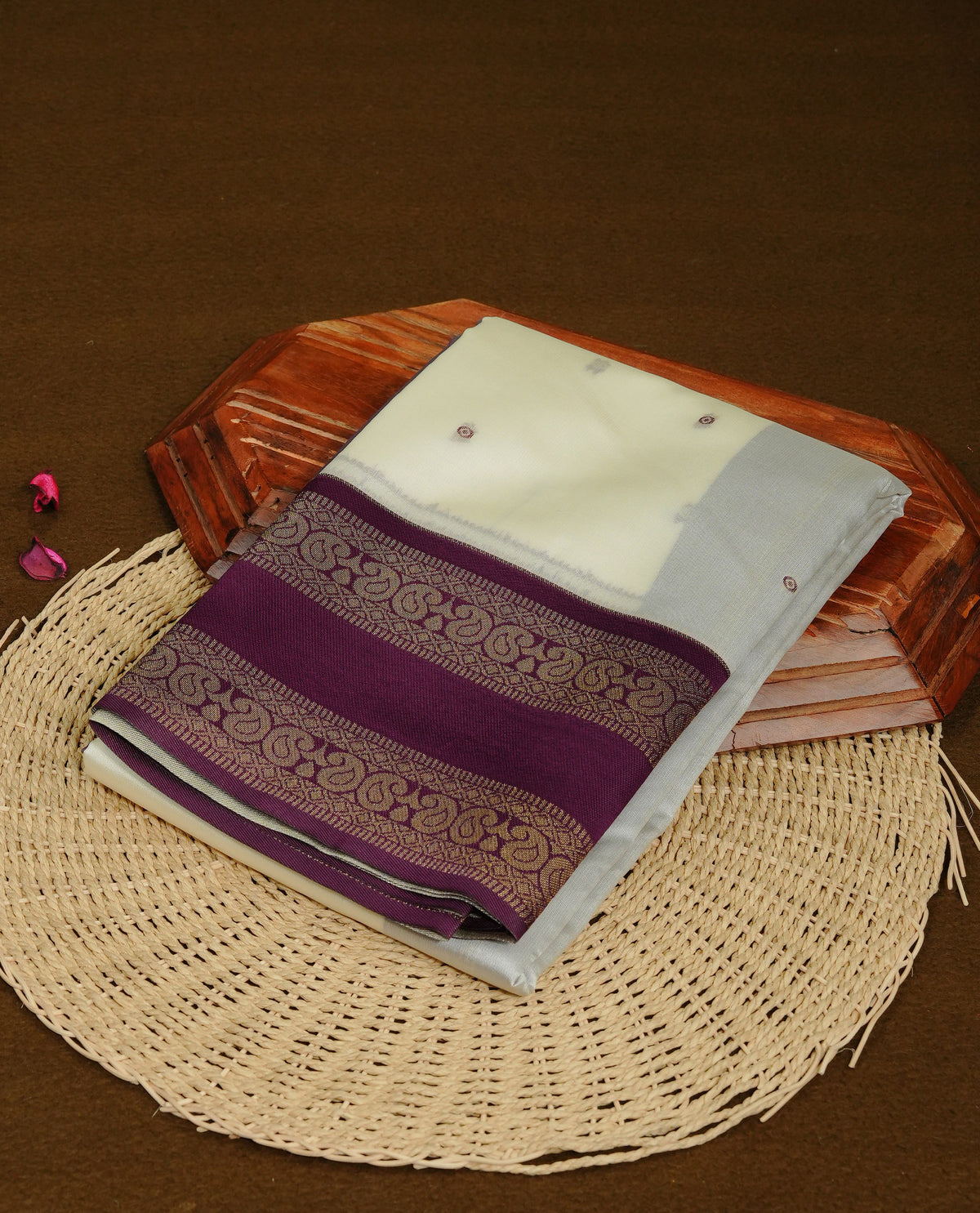 Off White  Colour Semi Silk Saree Featuring   Purple  thread buttas On Body, Highlighted  by contrast border with Mango motifs, paired with matching blouse piece.