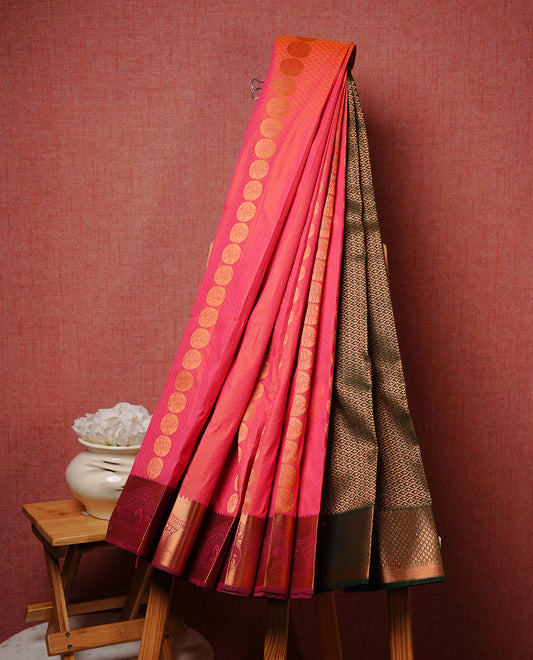 Pink colour Semi silk saree Featuring Gold zari motifs on body, complemented by contrast Maroon colour with gold zari border, paired with matching blouse piece.