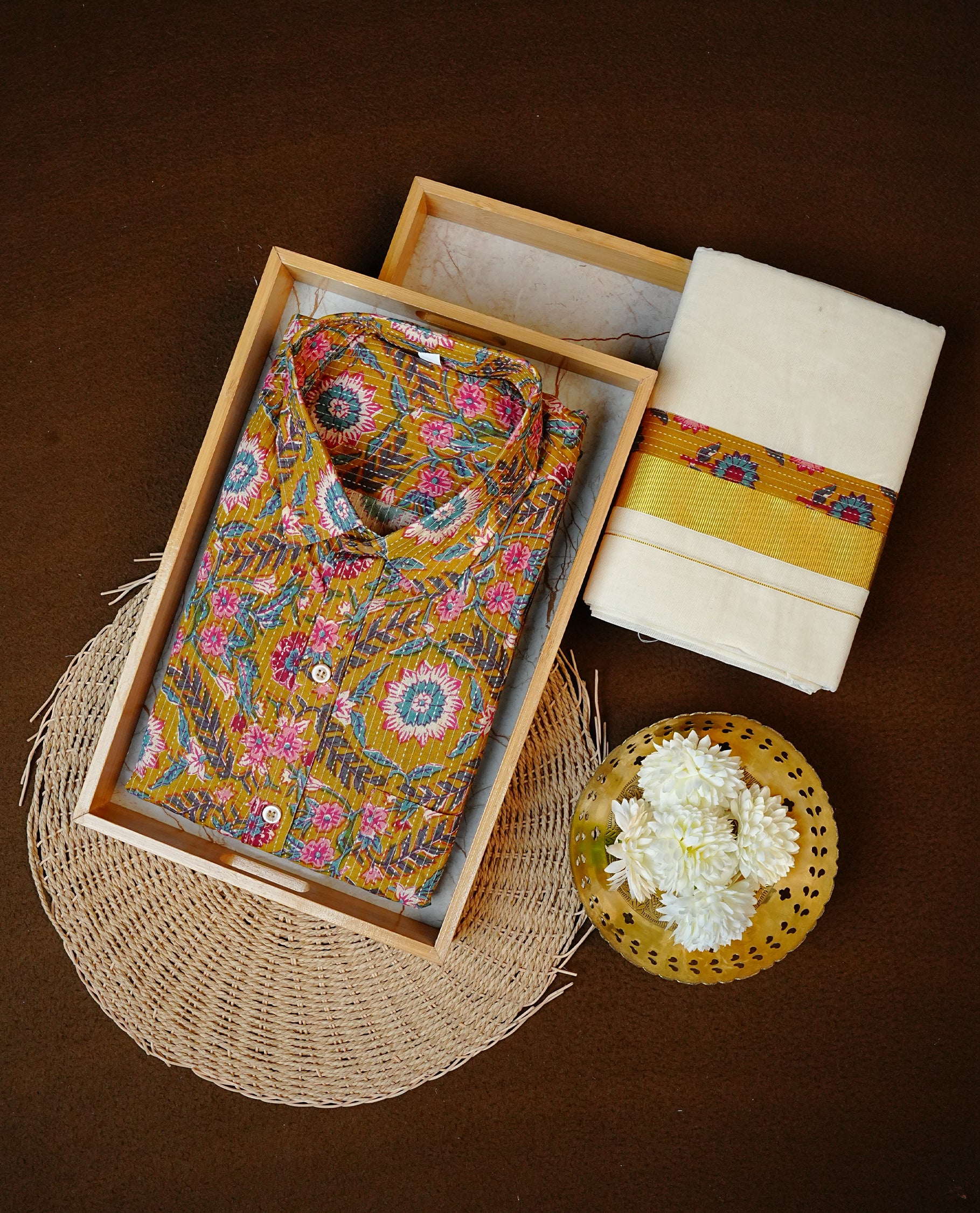Mehendi Colour Floral Kodi Printed Full-Sleeve Shirt, Paired with a Cotton Double Dhoti Featuring Matching Prints.