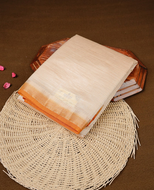 Cream colour Semi Tussar silk saree featuring an elegant plain body, accentuated by a contrast Mustard border adorned with intricate gold  zari work, paired with a matching blouse piece.