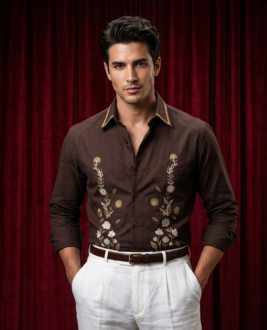 Brown colour shirt designed with floral kodi pattern print on body, full sleeve.