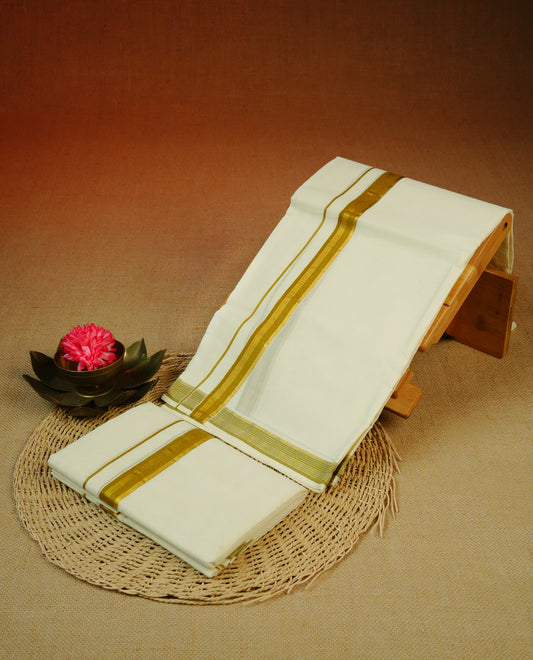 Cream colour cotton Set Mundu With Plain body, enhanced with Gold zari & Olive kara.