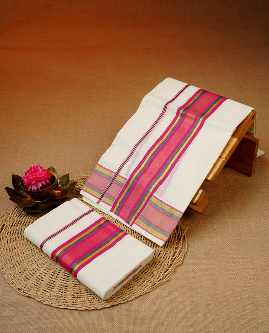 Cream colour cotton set mundu featuring gold & blue, magenta colour kara.