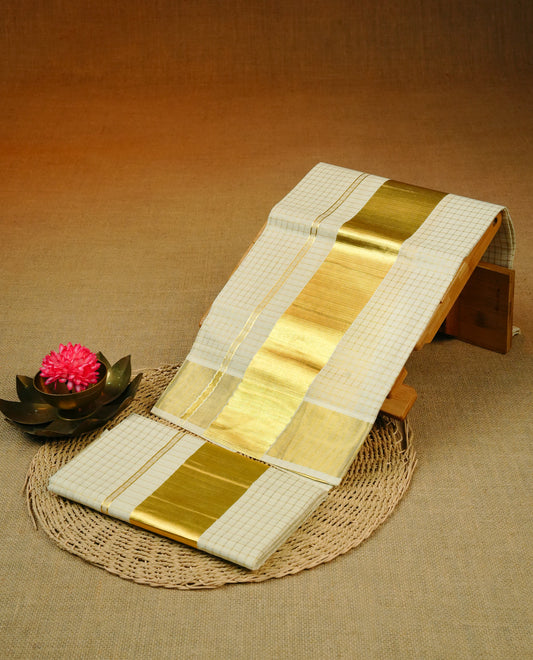 Cream colour cotton Set Mundu With gold zari check body, enhanced with Gold kasavu kara.