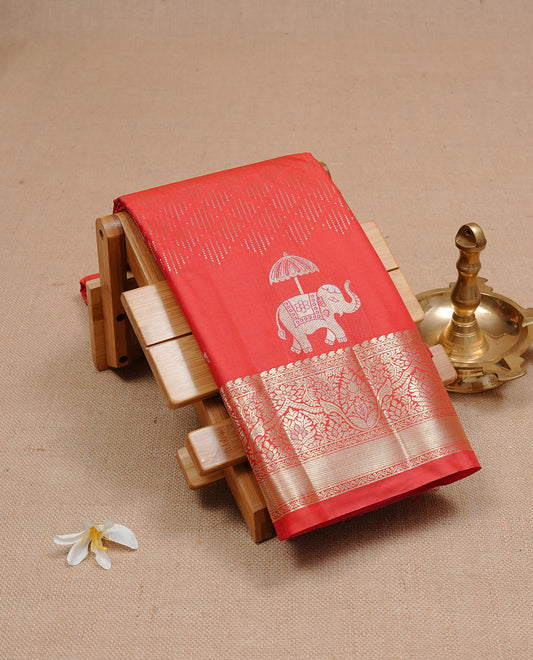 Pink Red colour semi wedding silk saree featuring Gold zari pattern on body, complemented Silver Elephant motifs & gold zari border, paired with matching blouse piece.