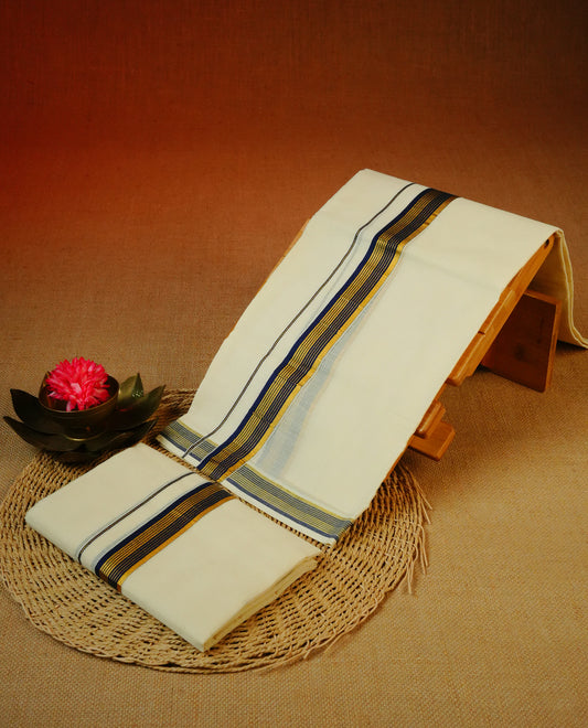 Cream colour cotton Set Mundu With Plain body, enhanced with gold Kasav With Navy Blue kara.
