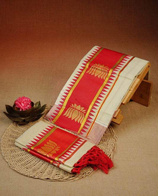 Cream tissue set mundu featuring a plain body, enhanced with lotus motifs In Red Kara and intricate gold zari detailing on the kara