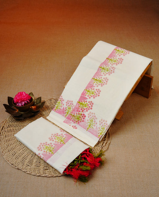 Cream colour cotton set mundu featuring flower print kara.