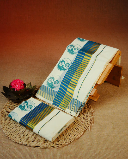 Cream colour cotton Set Mundu With Plain body, enhanced with Blue & Gold zari With Printed kara.