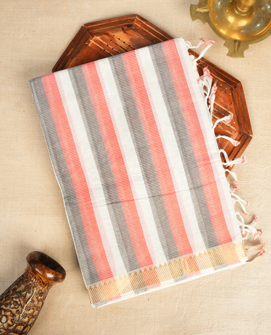 Black,White & Red Colour Mangalagiri Cotton Featuring Contrast stripes On Body, Complemented By Gold Zari border & Contrast Pallu ,Paired With Matching Blouse Piece.