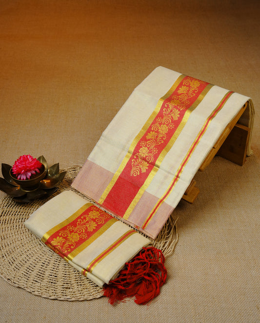 Light Gold Tissue set mundu featuring gold & red colour design printed kara.