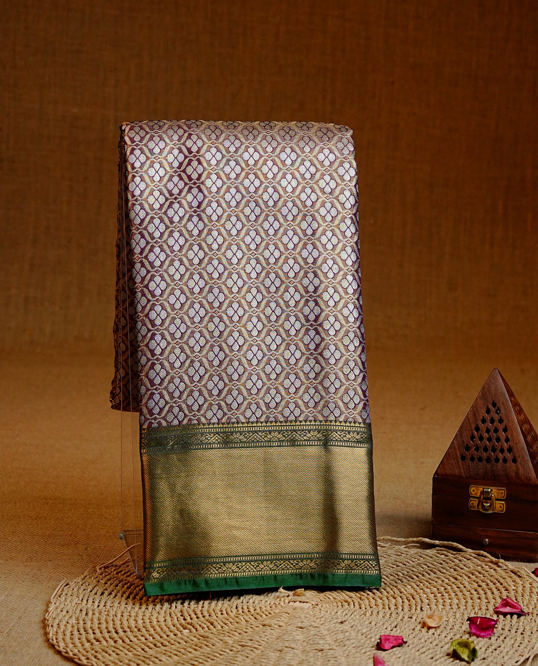Deep purple & Gold Double shade Semi Tissue Silk saree featuring Light gold Kodi pattern on body, complemented by Contrast Green with gold zari border, paired with matching blouse piece.