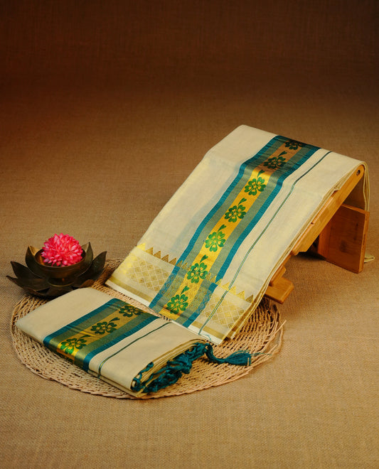 Light gold tissue set mundu featuring Teal colour print on kasav kara.