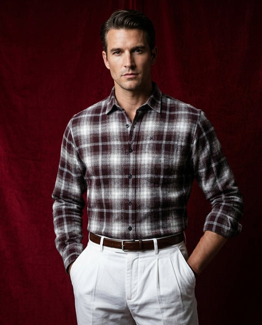 White colour shirt designed with brown colour check pattern on body, adored with full sleeve.