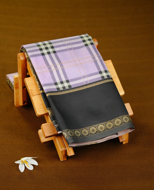 Lavender colour soft silk saree with contrast Black border.