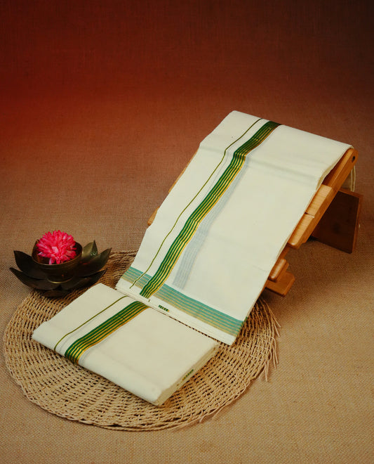 Cream colour Cotton set mundu With plain body, Featuring Gold zari & light green kara.