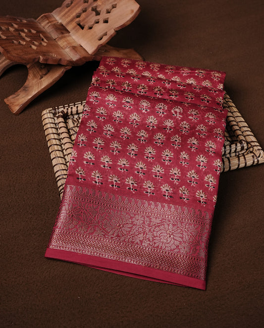 Red Colour Chanderi Silk Saree Featuring Floral Print On Body, Complemented by Self Colour with Antique Zari Border, Paired With Matching blouse Piece.