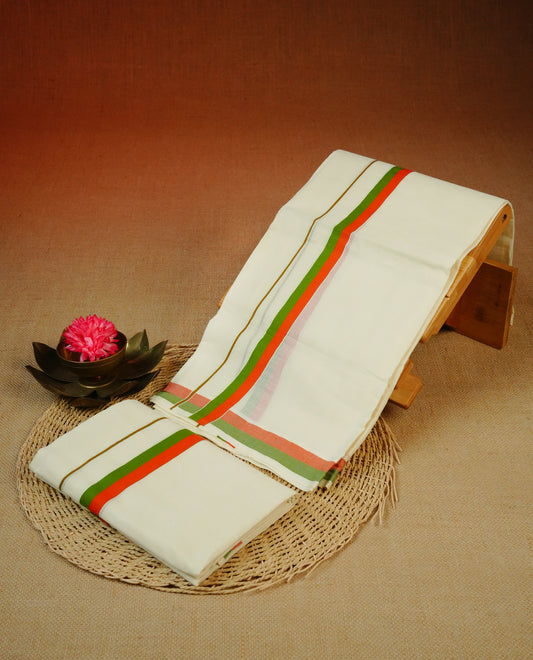 Cream colour cotton Set Mundu With Plain body, enhanced with Green & Orange kara.