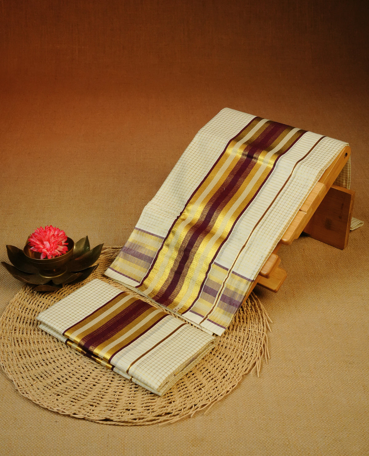Cream colour Cotton set mundu With gold zari check on body, enhance gold zari & Maroon colour kara.