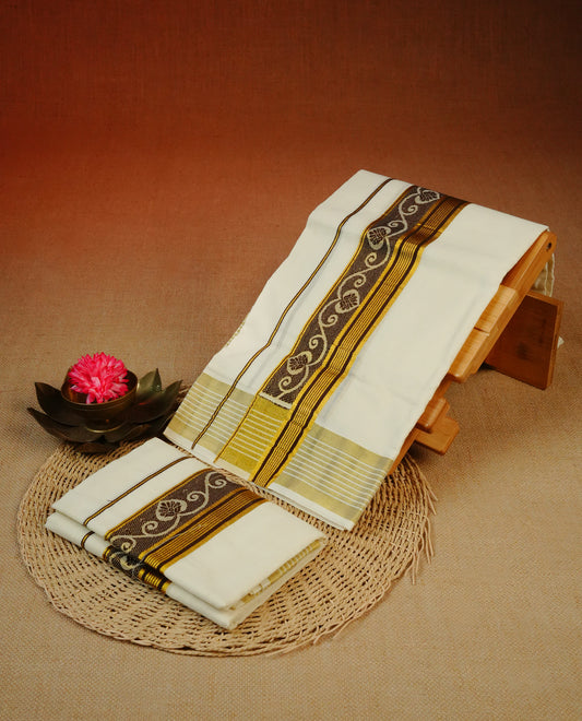 Cream colour Cotton set mundu With Plain body, enhance gold zari with Chocolate Colour pattern kara.