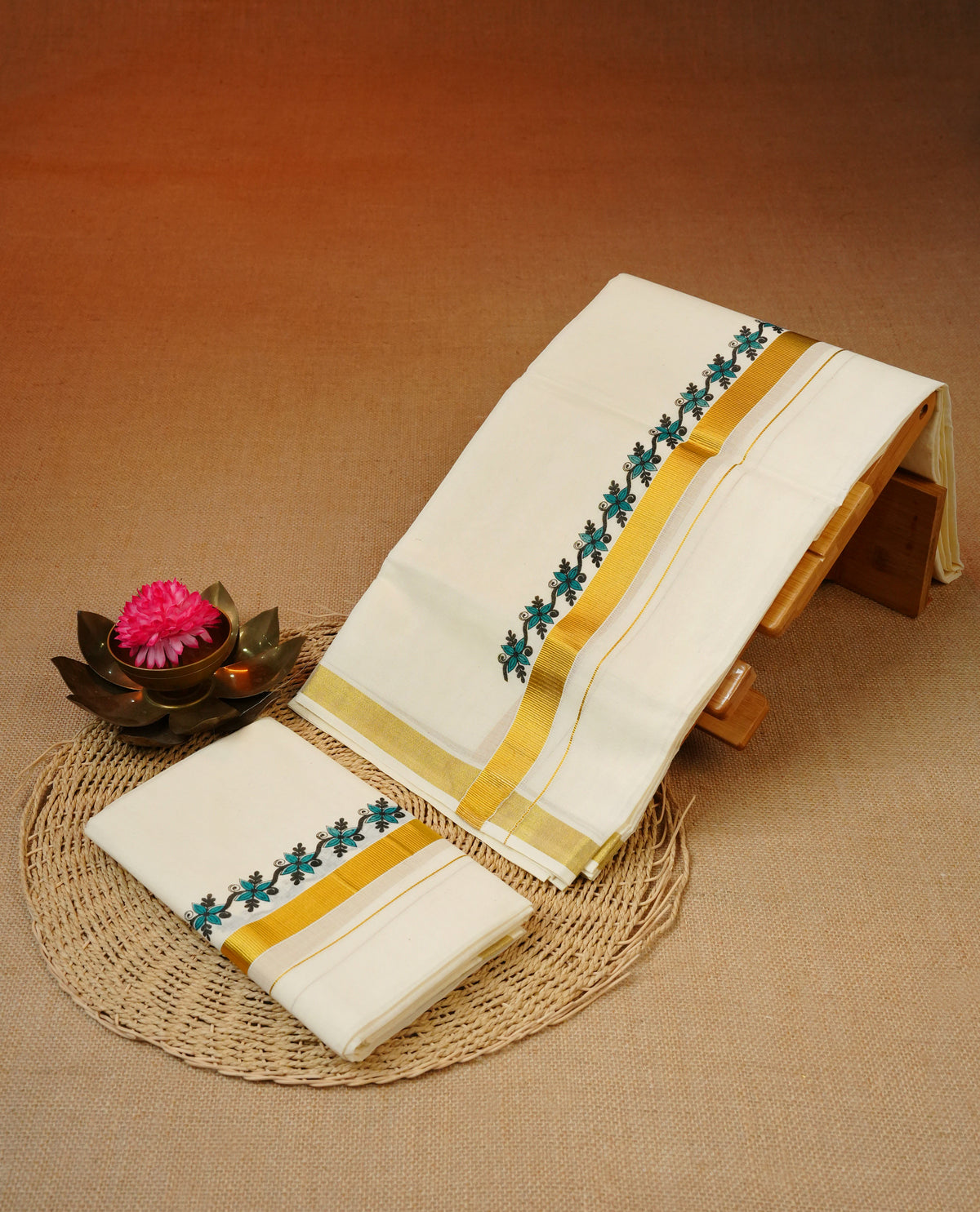 Cream colour cotton set mundu featuring Gold colour kara with print