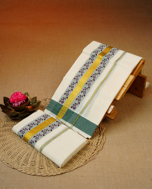 Cream colour cotton set mundu featuring Gold with grey kara with print.