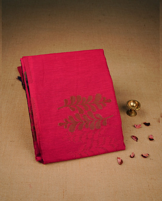 Red colour semi silk saree featuring Gold zari Leaf pattern on body, complemented by contrast  navy colour with Gold zari border, comes with matching blouse piece.