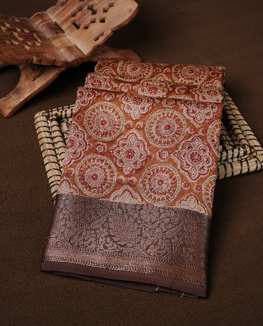 Brown colour Chanderi silk saree featuring Print on body, complemented by Brown colour with Antique zari border, paired with matching blouse piece.