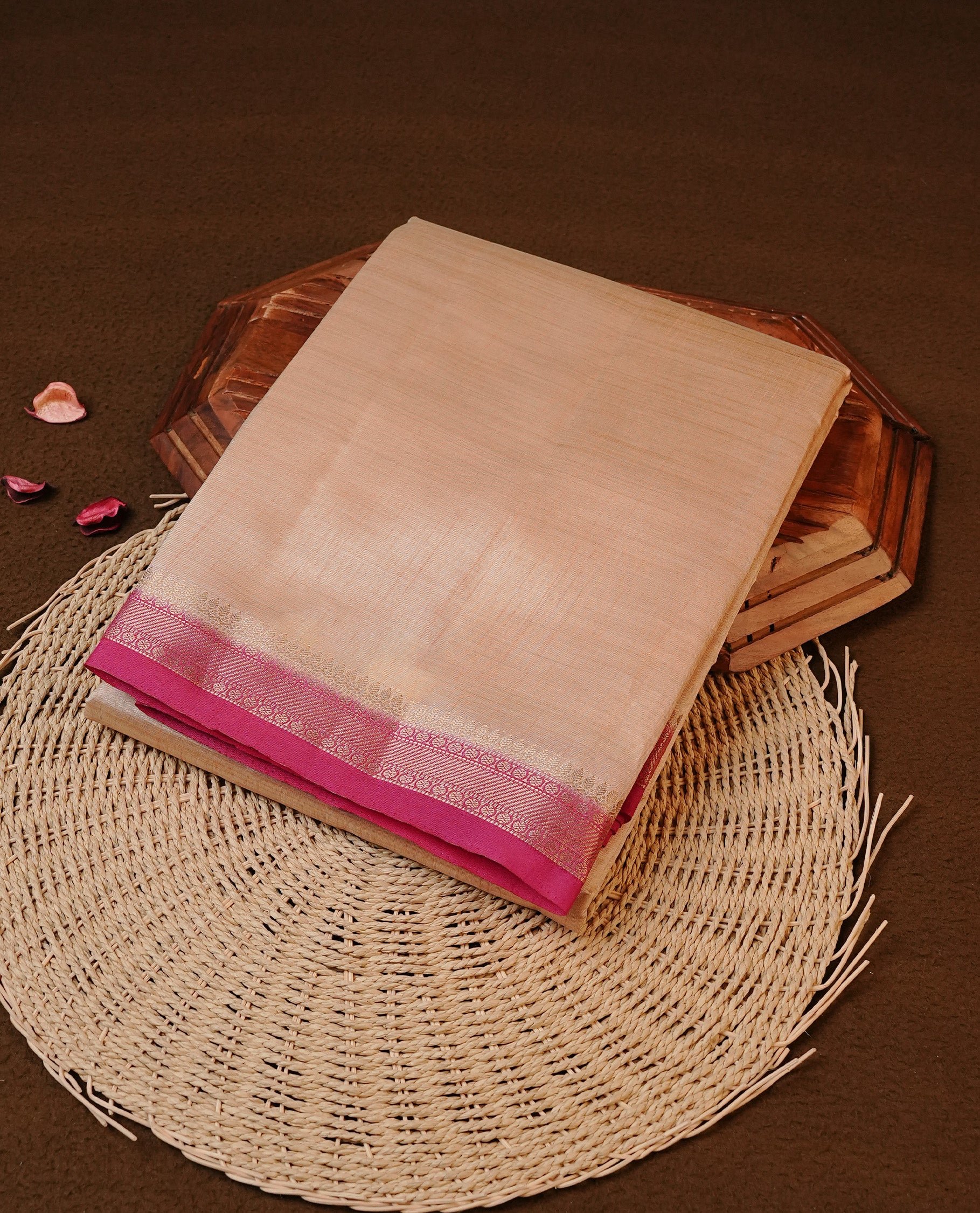 Cream colour Tussar silk saree Featuring Elegant Plain body, complemented by Contrast Magenta colour with gold zari border, paired with matching blouse piece.