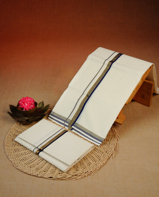 Cream colour cotton Set Mundu With Plain body, enhanced with Gold zari & Blue kara.