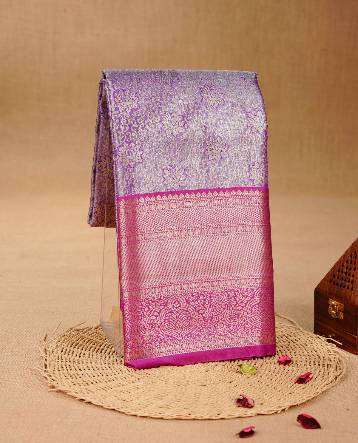 Violet & Silver colour Double shade Semi tissue silk saree featuring self color Floral pattern on body, Contrast Magenta colour with Fancy border, paired with matching.