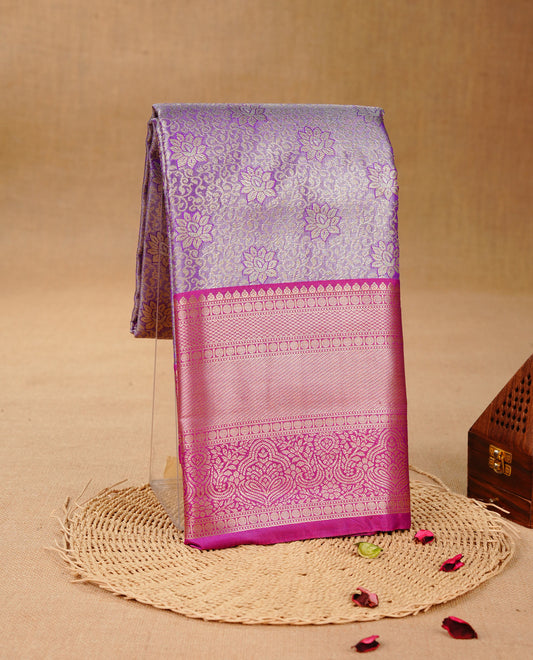 Violet & Silver colour Double shade Semi tissue silk saree featuring self color Floral pattern on body, Contrast Magenta colour with Fancy border, paired with matching.