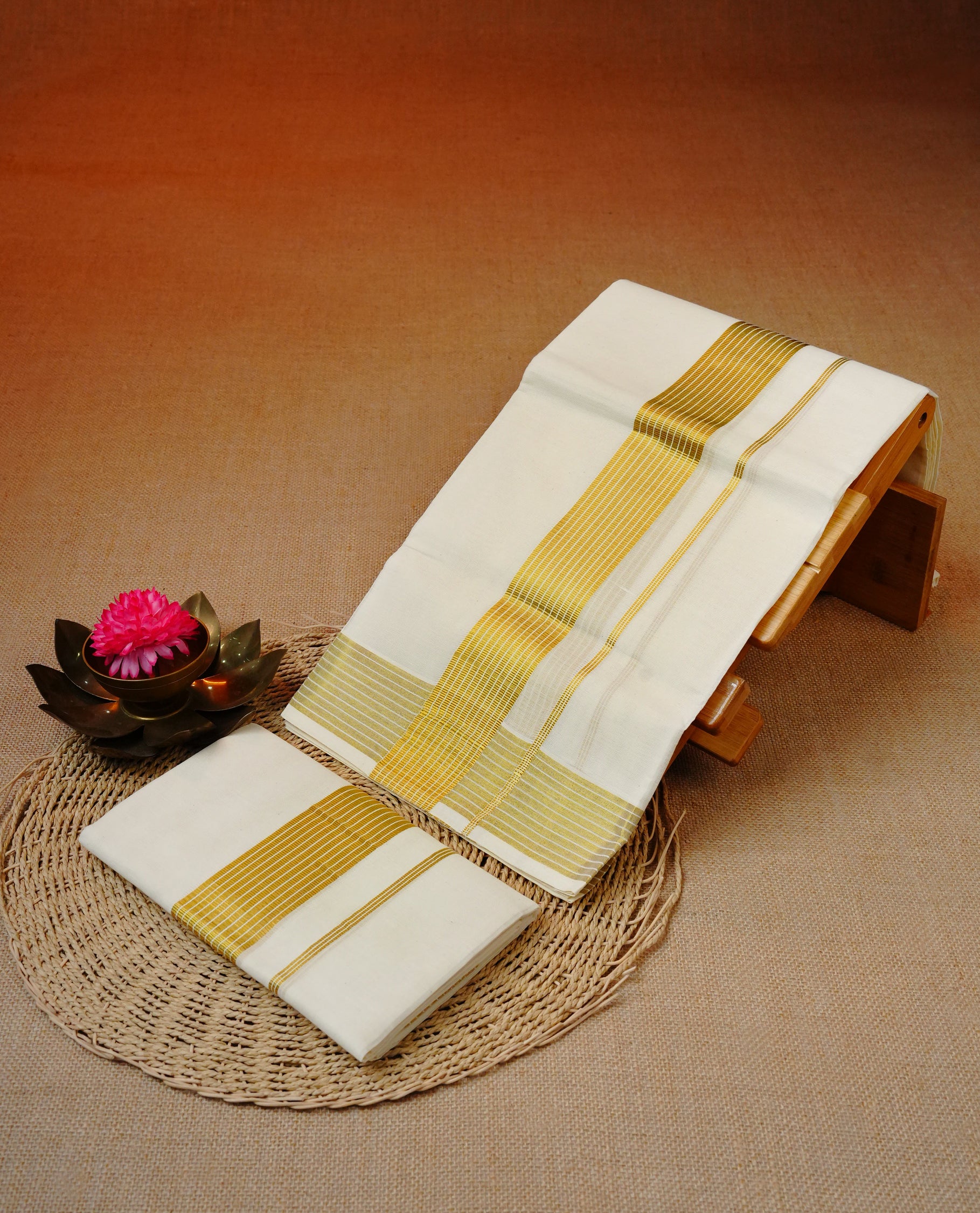 Cream colour cotton set mundu featuring Classy kasav kara.
