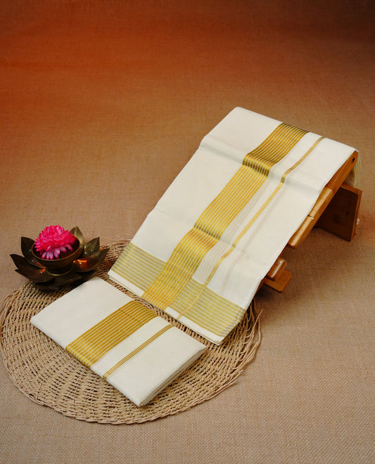 Cream colour cotton set mundu featuring Classy kasav kara.