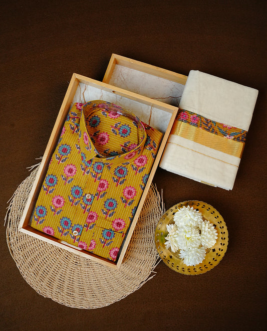 Mehendi Colour Floral Kodi Printed Full-Sleeve Shirt, Paired with a Cotton Double Dhoti Featuring Matching Prints.