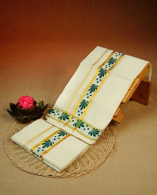 Cream colour Cotton set mundu With plain body, enhance gold zari with Green Floral print kara.