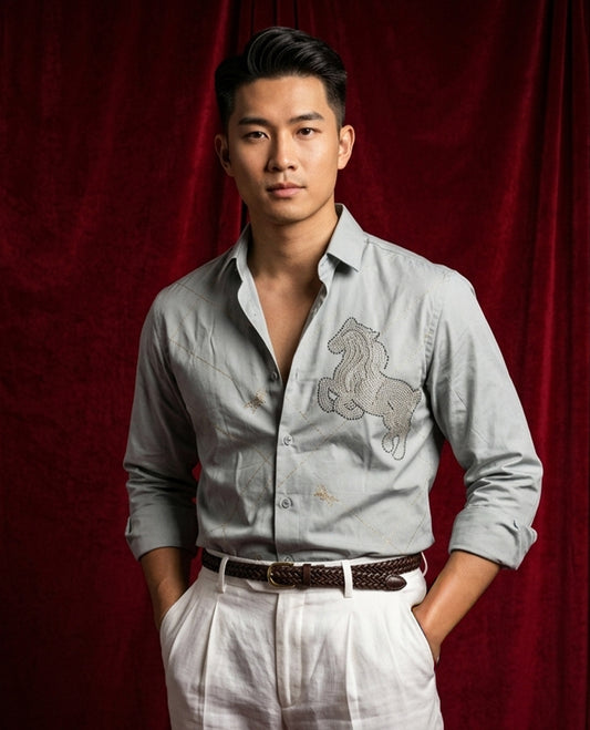 Grey colour shirt designed with stone pattern on body, full sleeve.