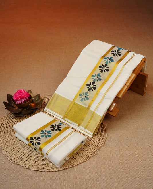 Cream colour cotton set mundu featuring kasav with black & green printed kara.