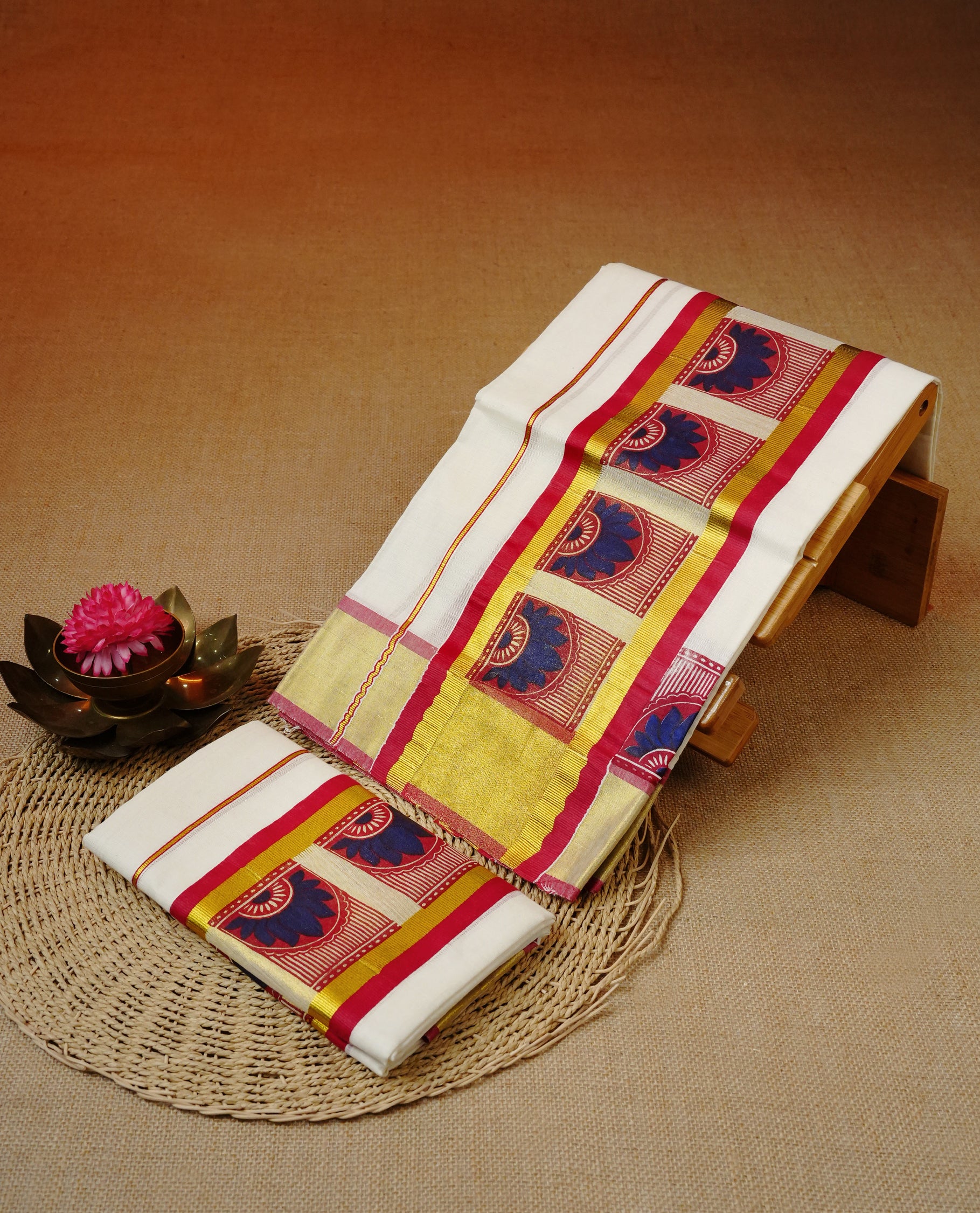 Cream colour cotton set mundu featuring red & Gold kasav kara.