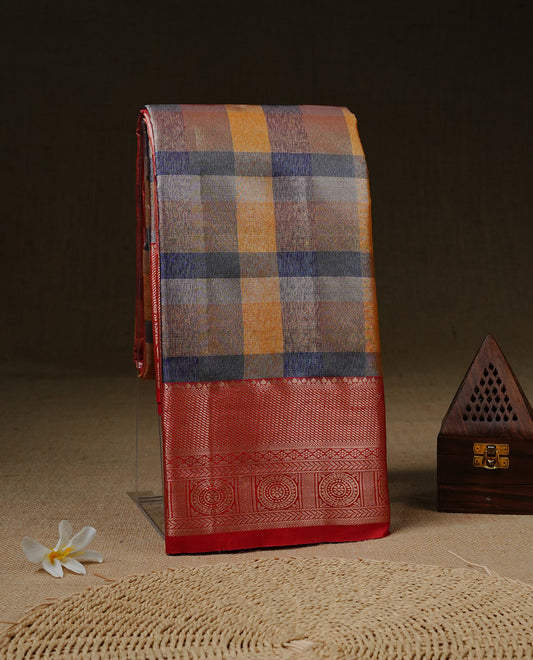Blue & Yellow Colour Tissue Saree featuring Multi colour Check Design on body, complemented by contrast Red colour with Gold zari border, paired with matching blouse piece.