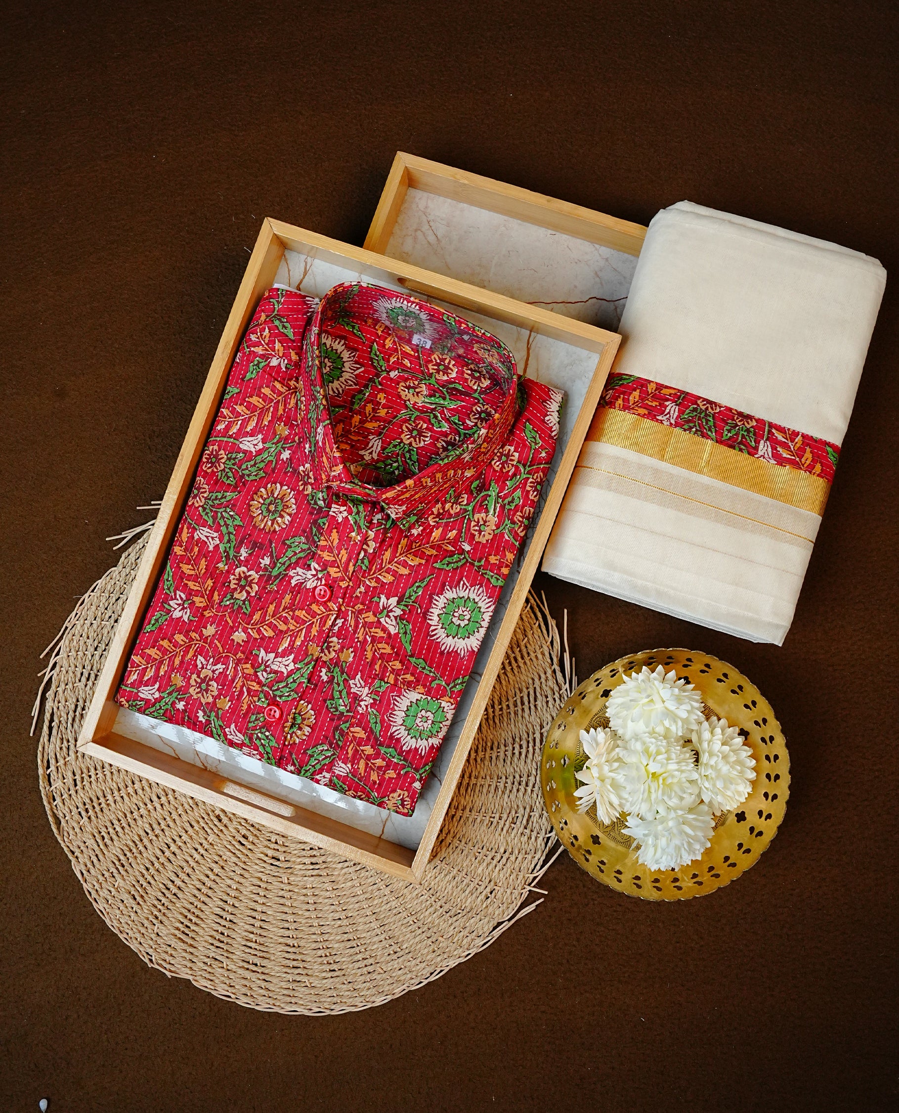 Red Colour full sleeve Shirt With floral Kodi Prints ,paired  with Cotton Double dhoti Having Matching prints