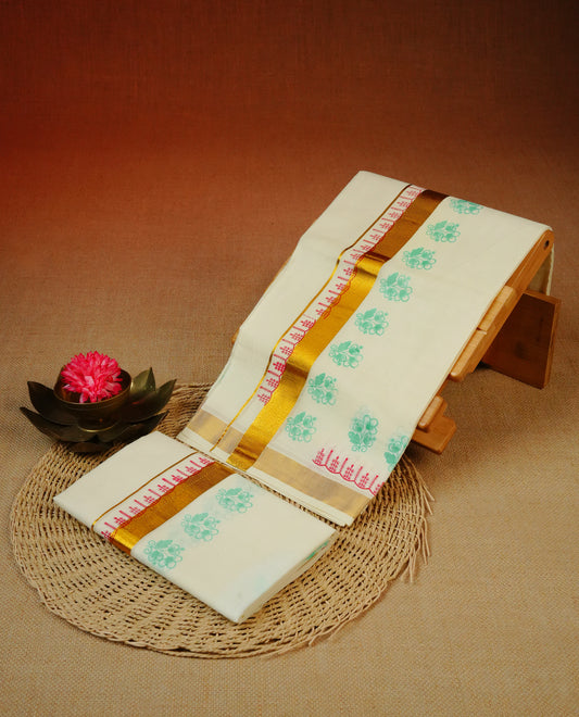 Cream colour cotton Set Mundu With Plain body, enhanced with Gold kasavu with Printed kara.