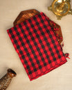 Red and black Colour checked Mangalagiri cotton saree Featuring Self Coloured Border ,With Striped  pallu, Paired With A matching blouse piece.