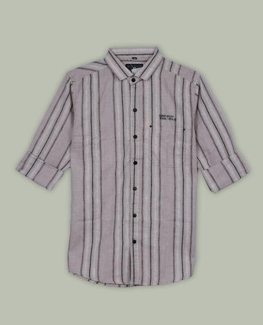 Beige colour shirt in breathable cotton fabric, featuring black and maroon vertical lines  & Designed with a classic collar, button front, and full sleeves, it combines casual ease with modern appeal.