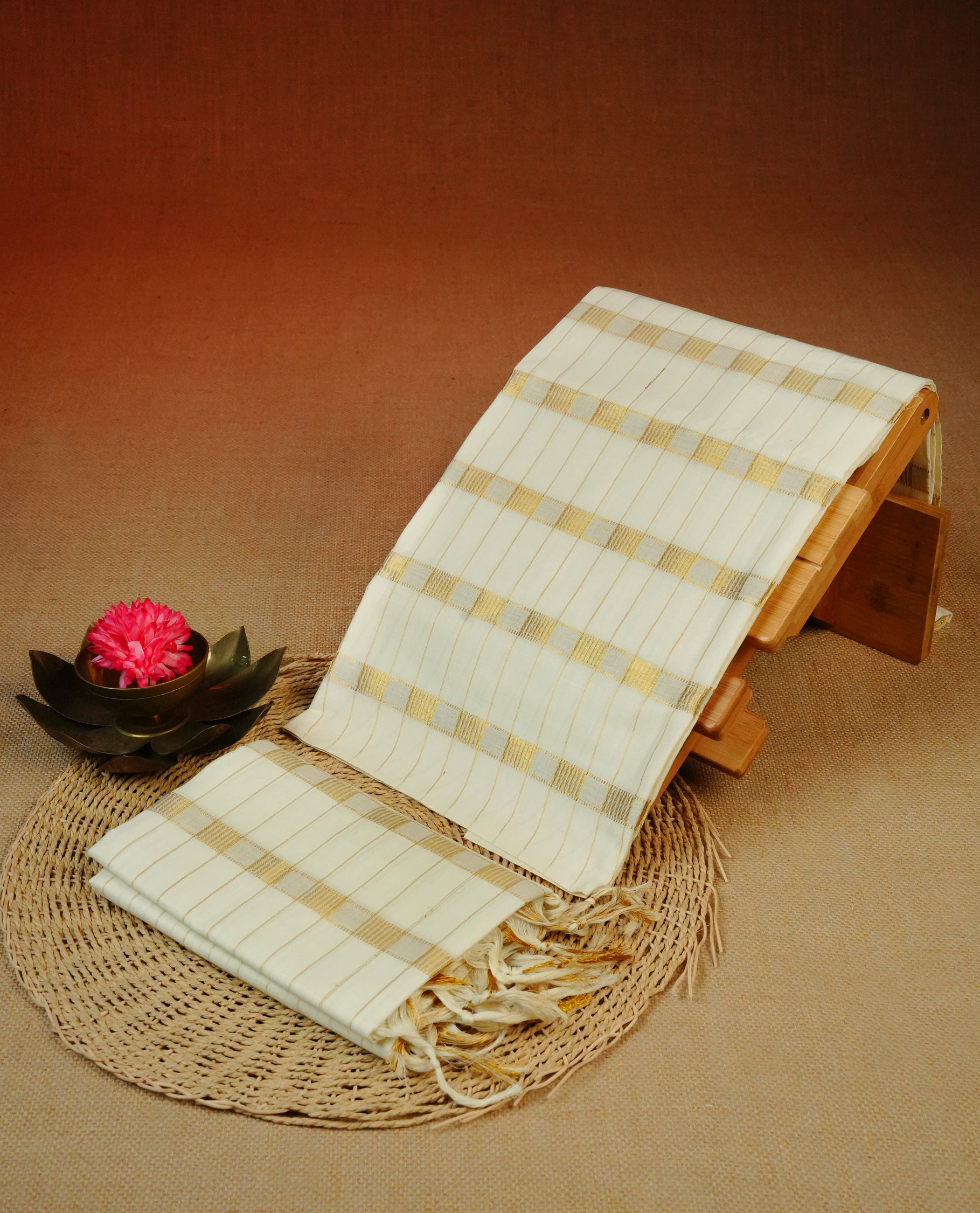 Cream colour Cotton set mundu With Gold zari Checks on body, enhance gold zari  kara.